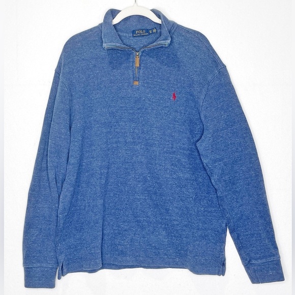 Polo Ralph Lauren Blue Ribbed Quarter Zip Pullover Sweater Size XL Leather Zip - Picture 1 of 6